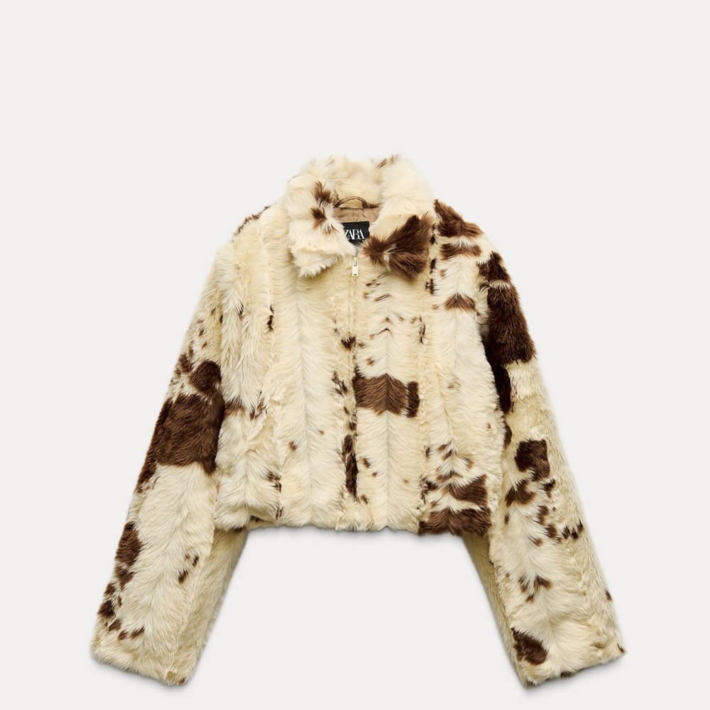 Zara Cream and Brown Patterned Teddy Jacket